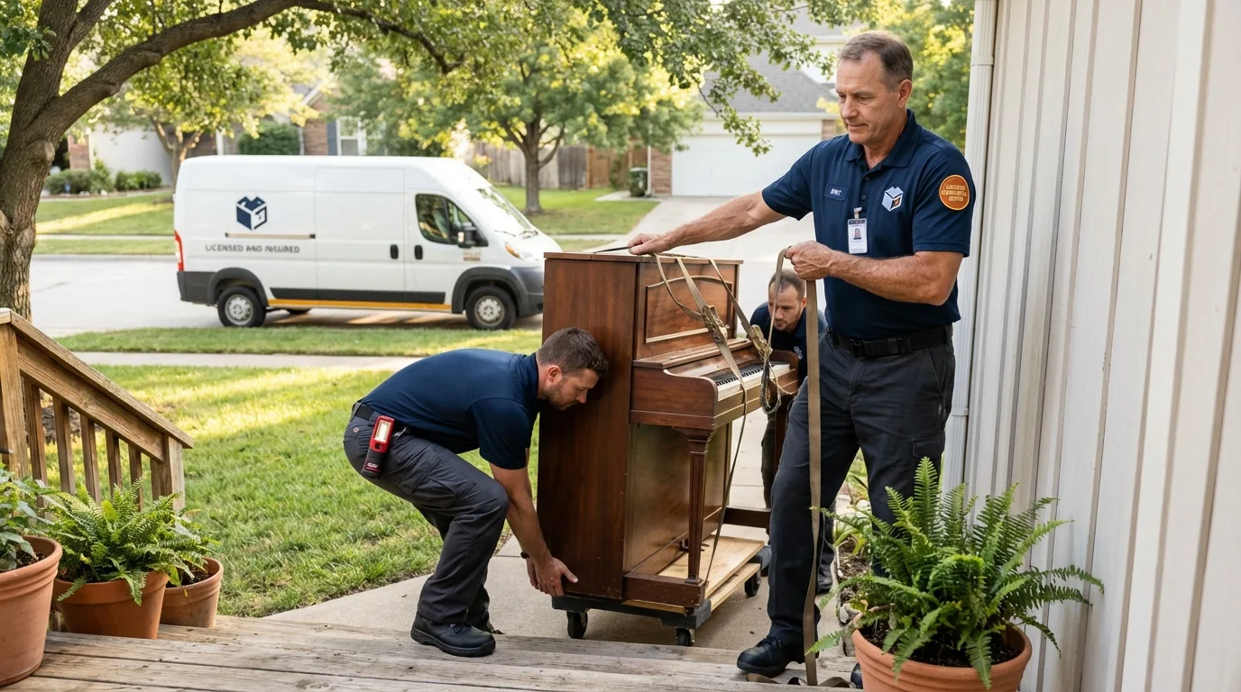 Licensed piano movers securing grand piano in Mount Pocono, PA