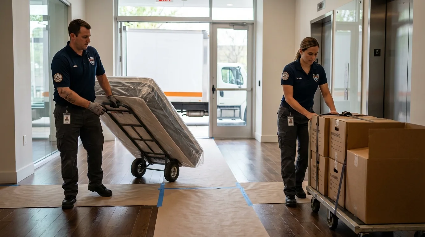 Professional apartment movers loading elevator in Mount Pocono, PA
